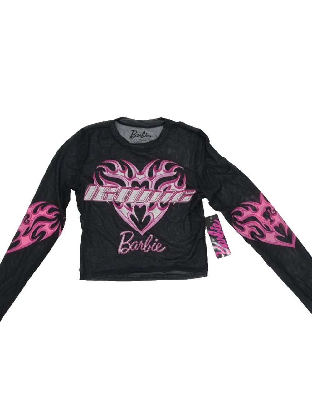 Barbie Iconic Crop Top Shirt Womens Medium Black Sheer Mesh Pink Flame Grunge